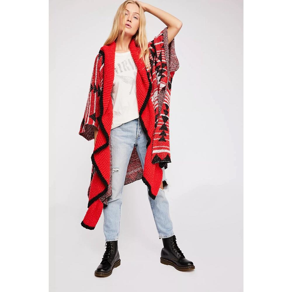 Free People Acadia Cozy Kimono Aztec Chunky Open Front One Size - Picture 4 of 8